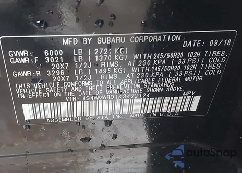 2019 Subaru Ascent Touring z USA, uszkodzony, nr VIN 4S4WMARD1K3422124